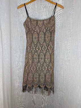 Vintage Roaring 20's Gold Midi Dress Fringe Empire Waist Size M